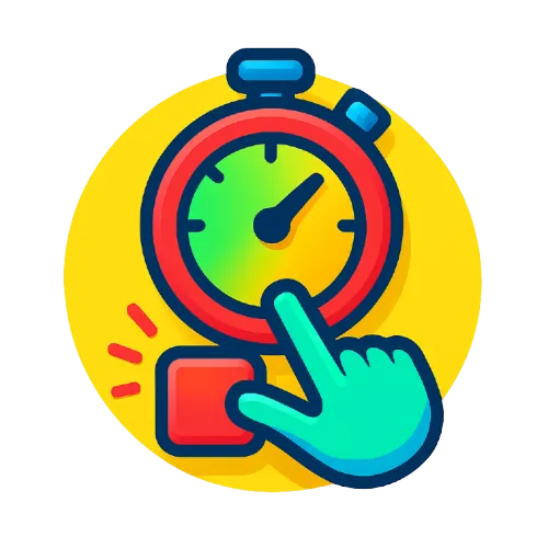 Colorful stopwatch and hand icon representing an online reaction time test tool
