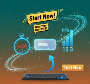 glowing spacebar, stopwatch, and PPS meter in green, orange, blue, and yellow, encouraging users to test their speed.