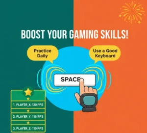 hand pressing a spacebar, leaderboard, and tips in green, orange, blue, and yellow, promoting gaming skill improvement.