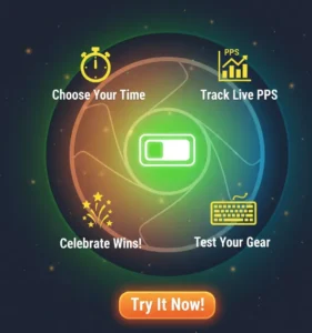 spacebar icon, timer, PPS counter, keyboard, and fireworks in green, orange, blue, and yellow, highlighting tool features.