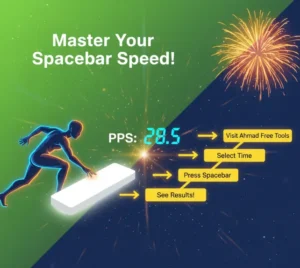fingure pressing a spacebar, PPS counter, and flowchart in green, blue, orange, and yellow, guiding users to test their speed.
