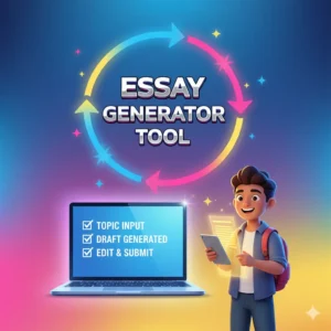 laptop and checklist showing how the Essay Generator Tool creates drafts in three steps on a neon gradient background.