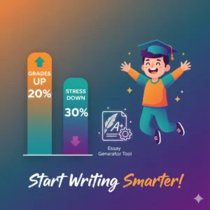 bar graph showing improved grades and reduced stress using the Essay Generator Tool, featuring a happy student.