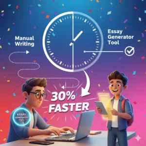 shield and flowchart showing ethical writing steps using the Essay Generator Tool, featuring a teacher’s approval.