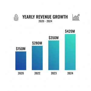 Infographic showing yearly revenue growth trend from 2020 to 2024 in a colorful bar chart.
