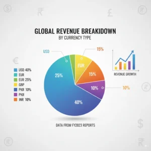 Infographic showing revenue distribution across USD, EUR, GBP, PKR, and INR with a pie chart.