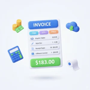 A floating digital invoice with colorful headers, totals in green, and abstract shapes with currency and discount icons.