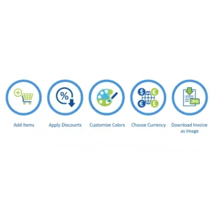 Icons representing features of an invoice maker tool including add items, discounts, color customization, and currency options.
