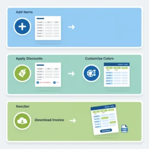 A step-by-step visual showing how to add items, apply discounts, customize colors, and download an invoice.