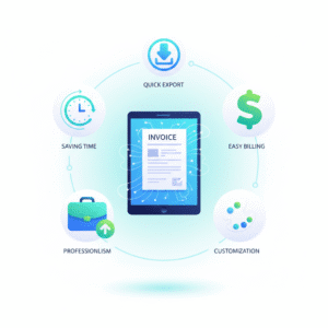 A digital invoice surrounded by icons of a clock, briefcase, dollar sign, color palette, and download arrow representing benefits of using the tool.