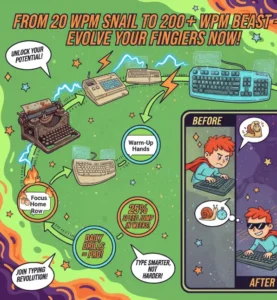 Typing evolution timeline graphic with vibrant transformations.